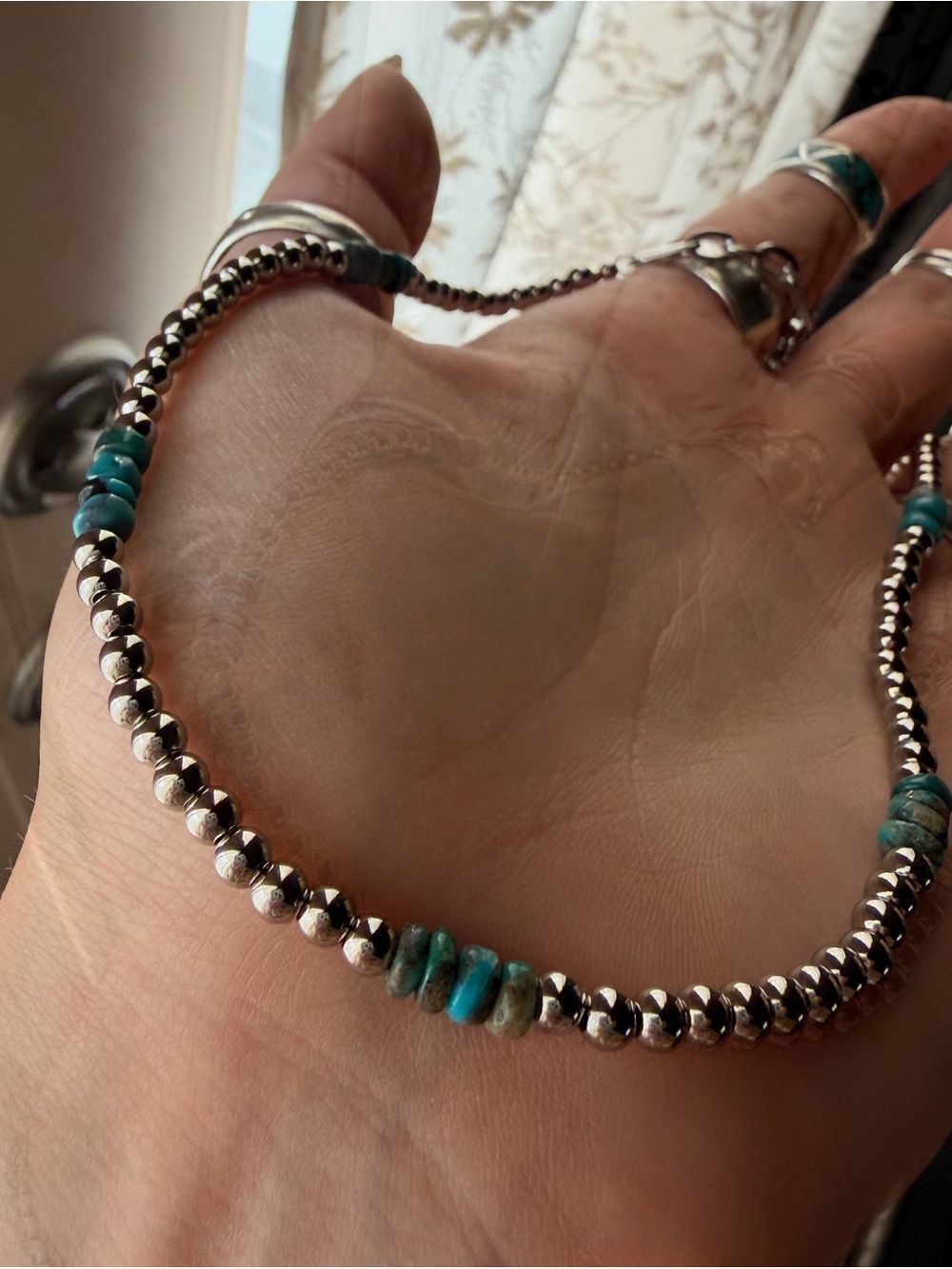15” Stainless Steel Pearl Necklace with Kingman Turquoise Accents - Picture 6 of 6
